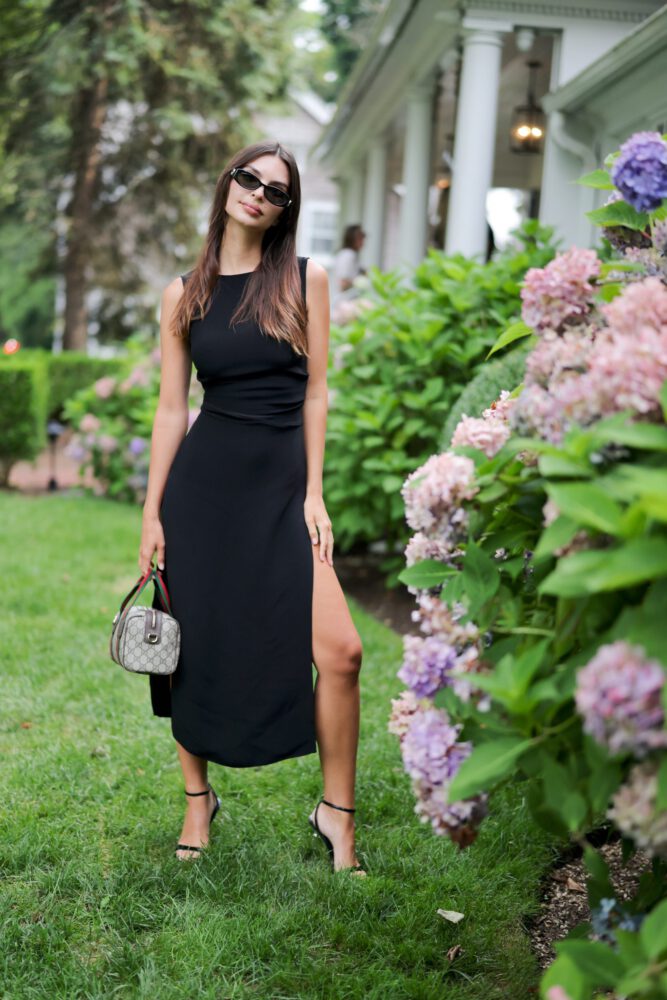 Emily Ratajkowski Leggy Black Slit Dress Gucci Event