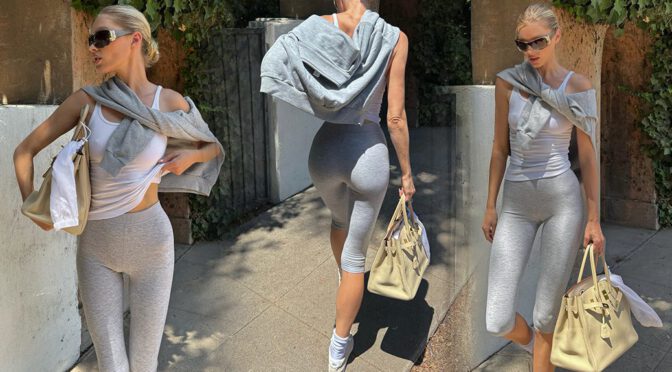 Elsa Hosk Flaunts Her Toned Booty in Curve-Hugging Grey Biker Shorts