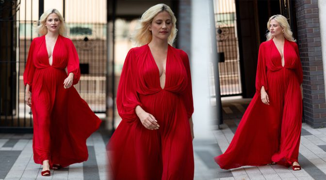 Pixie Lott Goes Braless in Busty Red Dress—Pokies on Full Display!
