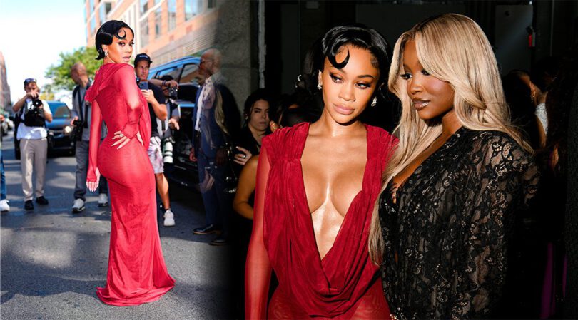 Saweetie Flaunts Bare Cleavage in Sheer Red NYFW Dress