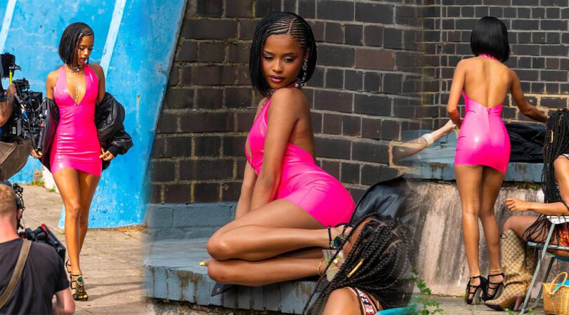 Tyla in Pink Latex Mini: Breasts, Ass & Legs on Full Display