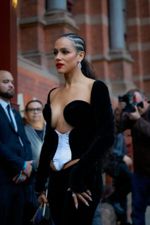 Nathalie Emmanuel Cleavage Velvet Jumpsuit Lfw