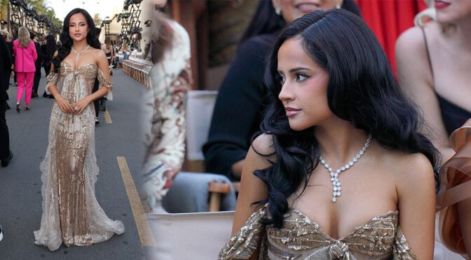 Becky G Unleashes Sizzling Cleavage in Gold Sequin Gown at Vogue World