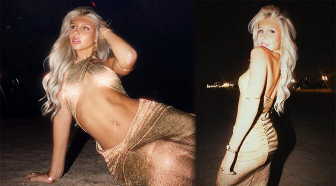 Brooklyn Riley Dazzles in Glam Gold Dress at Night Beach Shoot