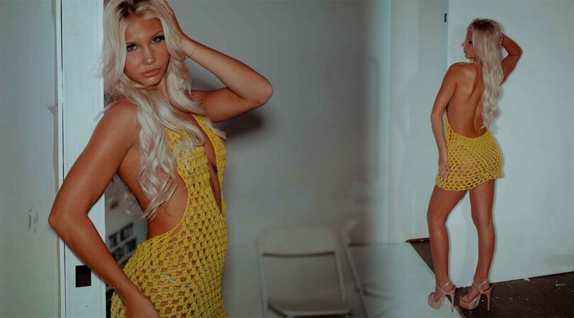 Blonde Bombshell Brooklyn Riley in a Daring Yellow Crochet Fashion Tease