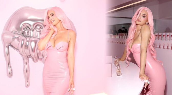 Kylie Jenner Pours Into Pink Latex Dress—Busty Barbie at Kylie Cosmetics Bash