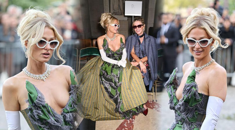 Paris Hilton Flaunts Killer Cleavage in Green Gown in Paris