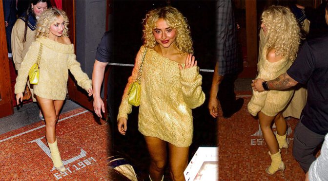 Sabrina Carpenter Bare-Legged Bombshell: Sweater, Heels & Skin