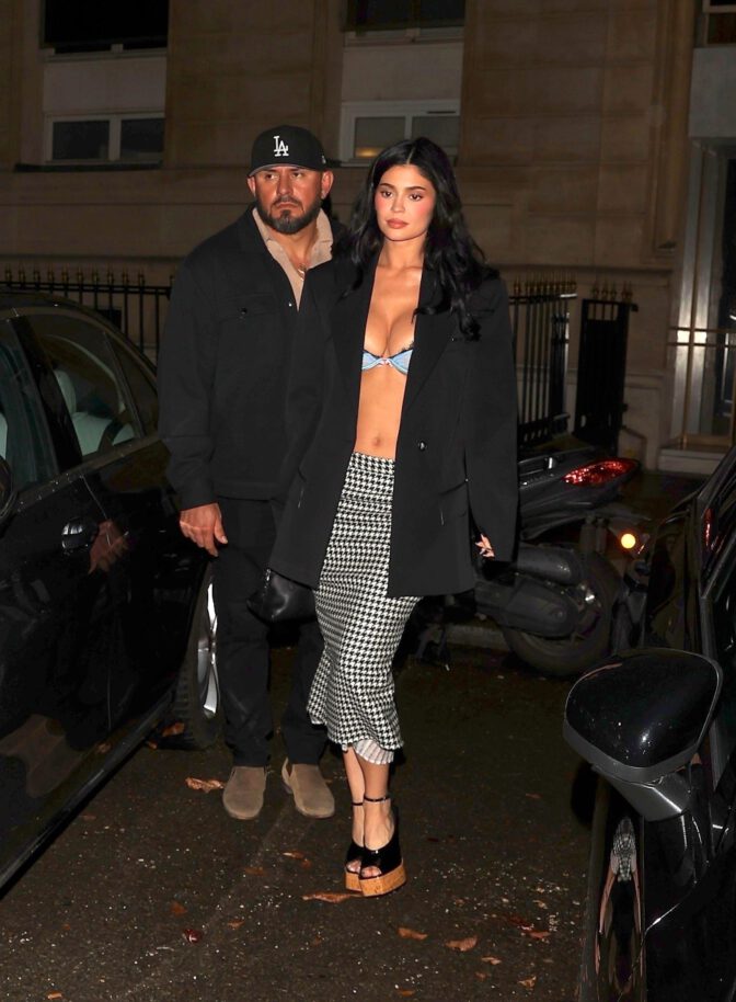 Kylie Jenner Nearly Topless Blue Lace Bra Paris