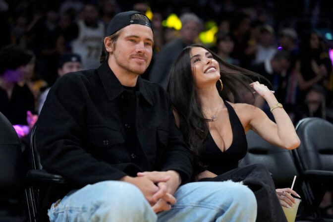 Madison Beer Courtside Lakers Deep V Halter Top Cleavage