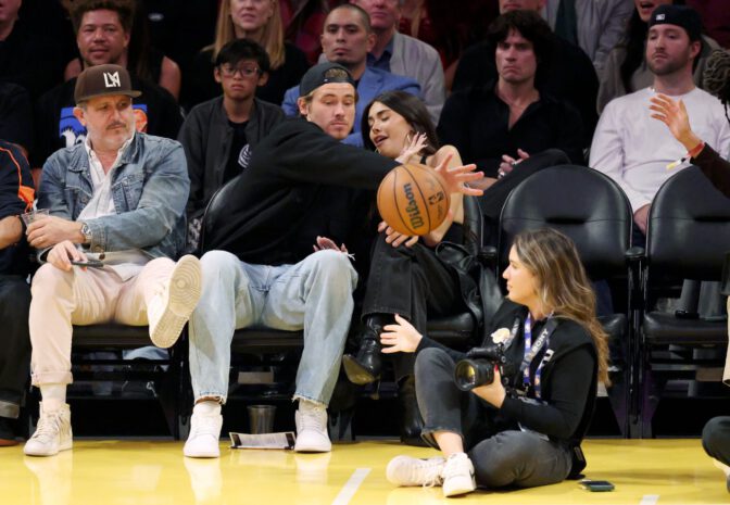 Madison Beer Courtside Lakers Deep V Halter Top Cleavage