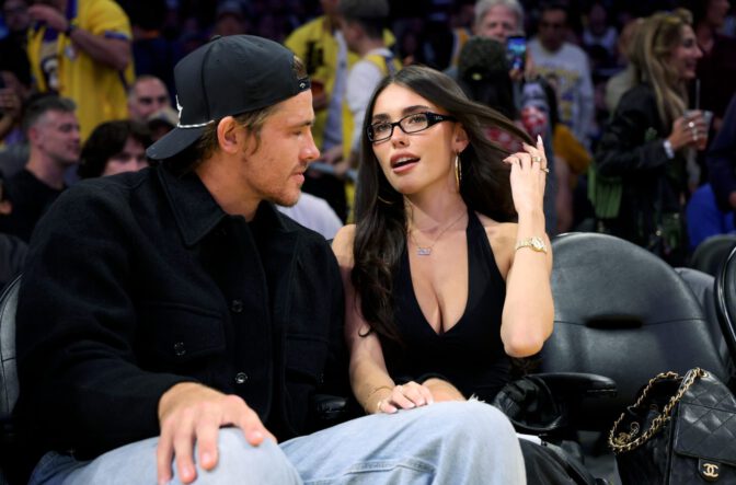 Madison Beer Courtside Lakers Deep V Halter Top Cleavage