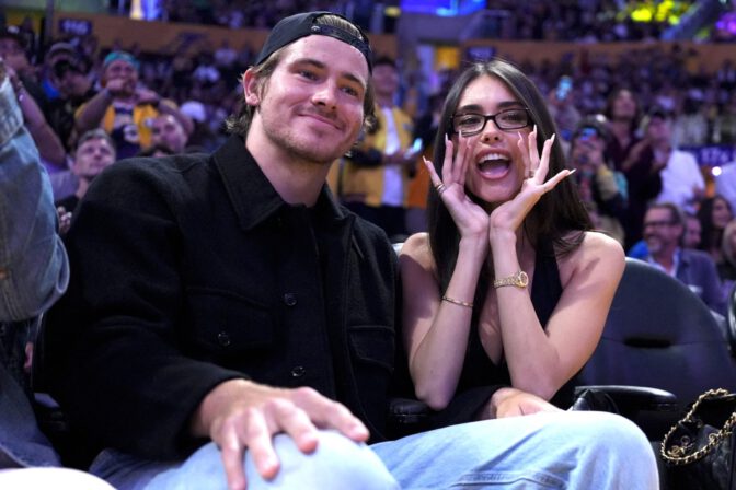 Madison Beer Courtside Lakers Deep V Halter Top Cleavage