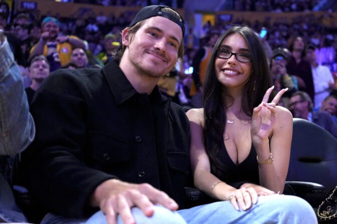 Madison Beer Courtside Lakers Deep V Halter Top Cleavage