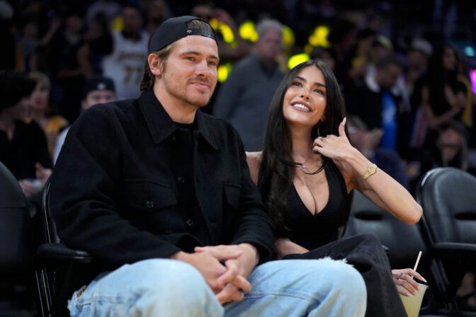 Madison Beer Courtside Lakers Deep V Halter Top Cleavage