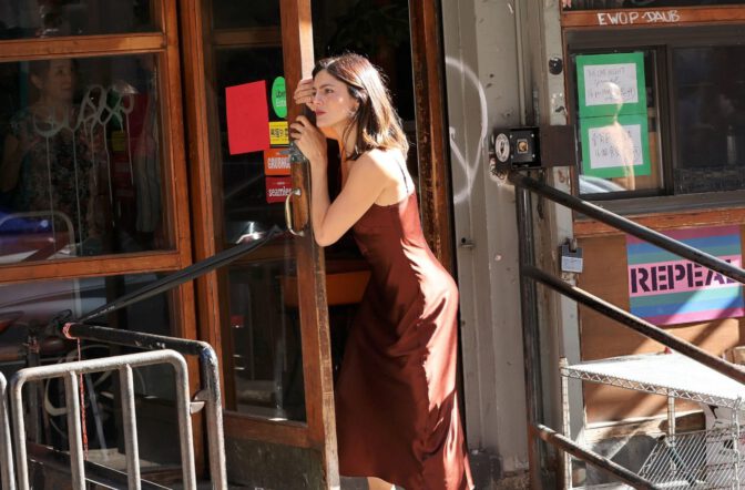 Monica Barbaro Sexy Satin Slip Dress Cleavage Nyc
