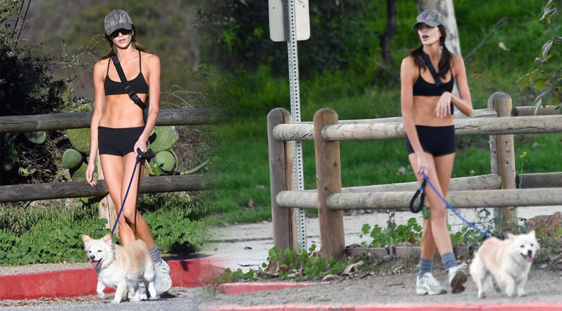 Kaia Gerber Walks Dog in Skimpy Black Bra & Shorts – All Legs & Abs