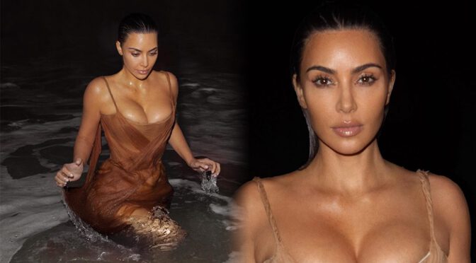 Kim Kardashian Soaked in a Sheer Wet Dress – Cleavage on Full Display