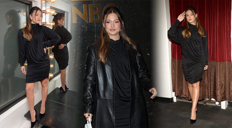 Olivia Holt’s Sizzling Legs in Skintight Black Dress at Good Day New York