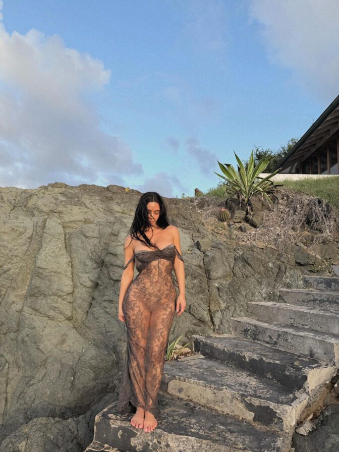 Kim Kardashian Boobs Ass Beach See Through Lace Dress