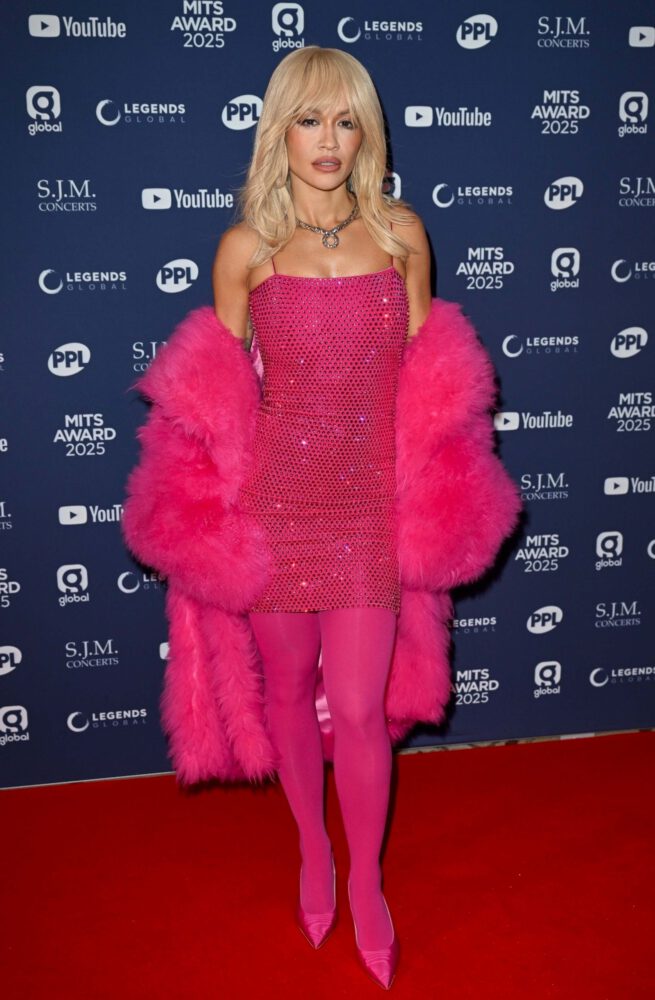 Rita Ora Sexy Pink Mini Dress Legs Mits Awards