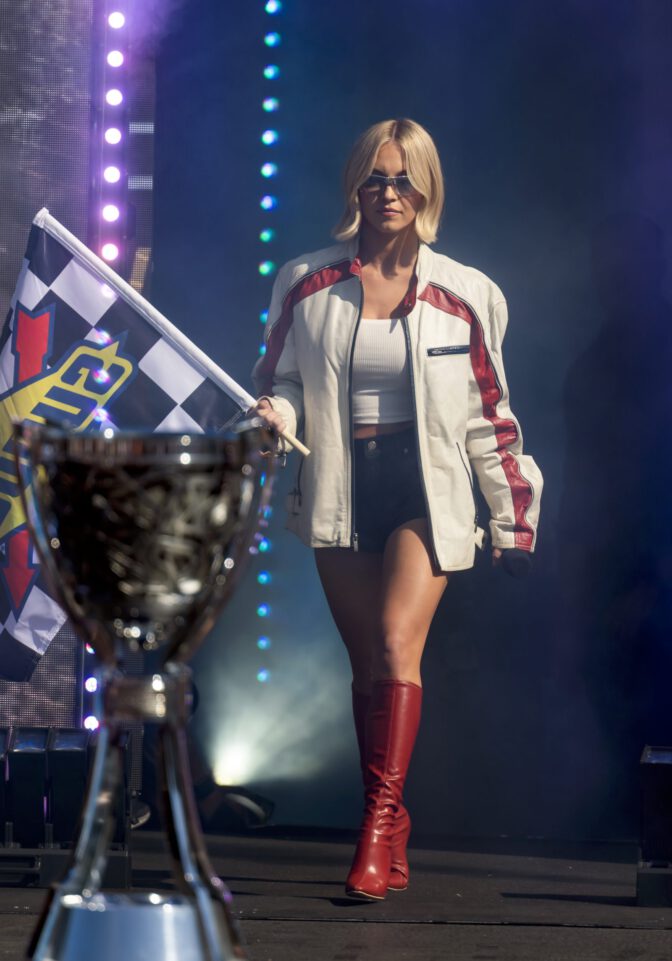 Sydney Sweeney Sexy Trackside Leather Shorts Bare Thighs