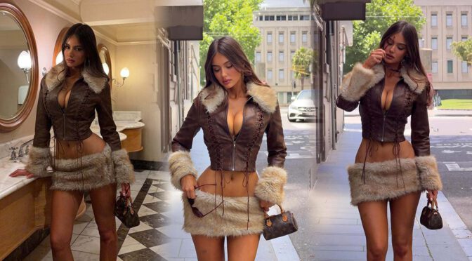Ella Cervetto’s Busty Street Look: Fur-Trim Mini Skirt Madness