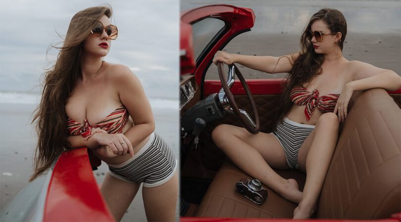Isabella Ardley Spills Cleavage and Thighs in Wild Retro Beach Ride