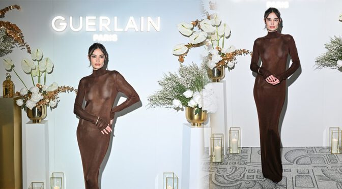 Kelsey Merritt Stuns in Sheer Brown Dress at Guerlain NYC