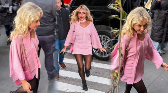 Sabrina’s NYC Street Tease: Pink Sweater, Long Legs, and Braless Heat