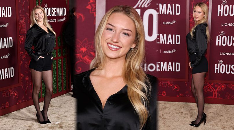Sydney Thomas Dazzles in Sheer Pantyhose & Shorts at “The Housemaid” Premiere