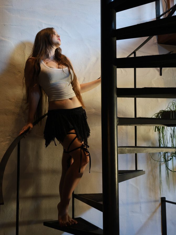 Isabella Ardley Sexy Spiral Staircase Sheer Tank Micro Skirt