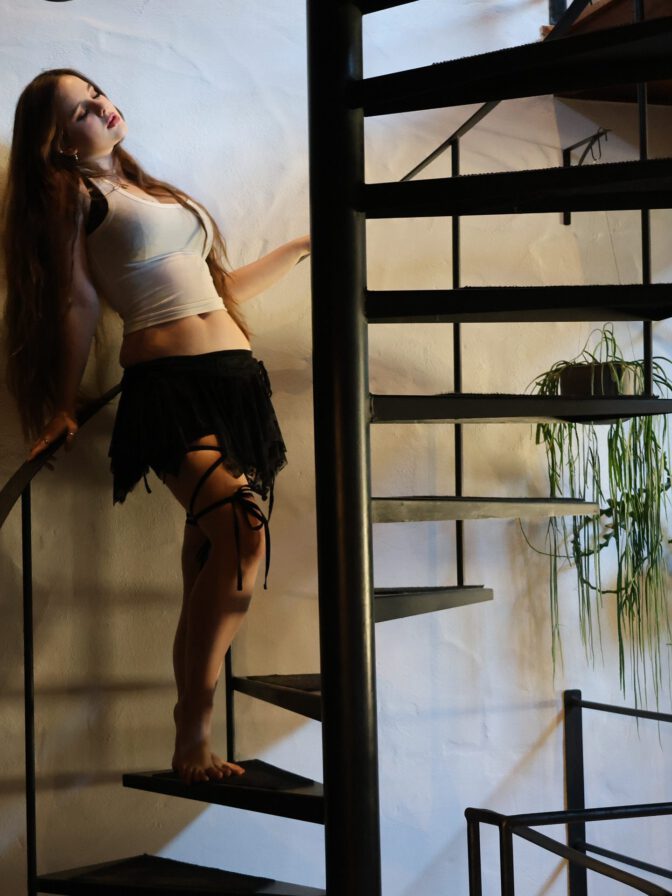 Isabella Ardley Sexy Spiral Staircase Sheer Tank Micro Skirt