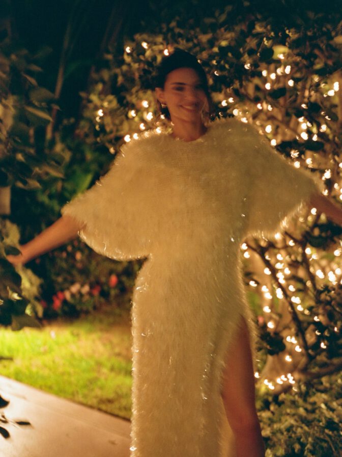 Kendall Jenner Leggy High Slit Plush Gown Adrian Martin