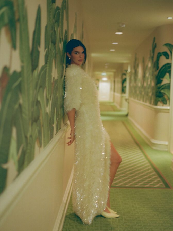 Kendall Jenner Leggy High Slit Plush Gown Adrian Martin