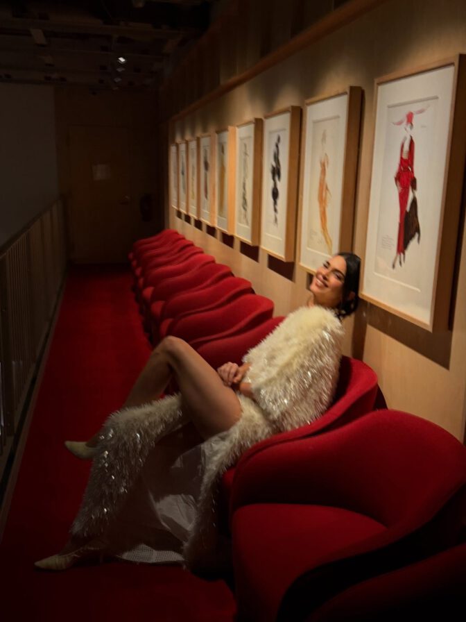 Kendall Jenner Leggy High Slit Plush Gown Adrian Martin