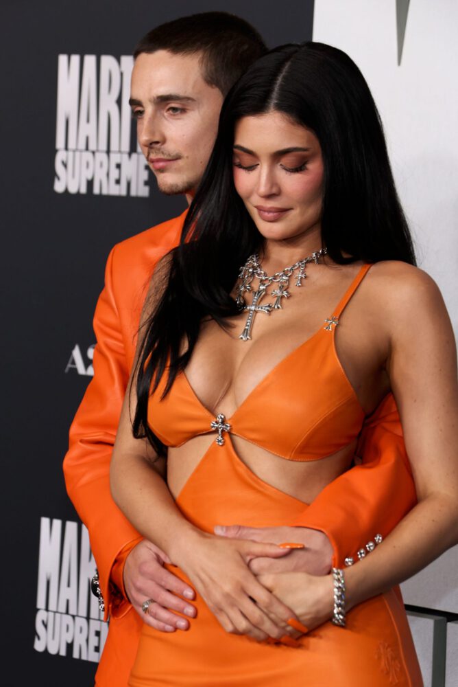 Kylie Jenner Braless Boobs Ass Orange Leather Marty Supreme