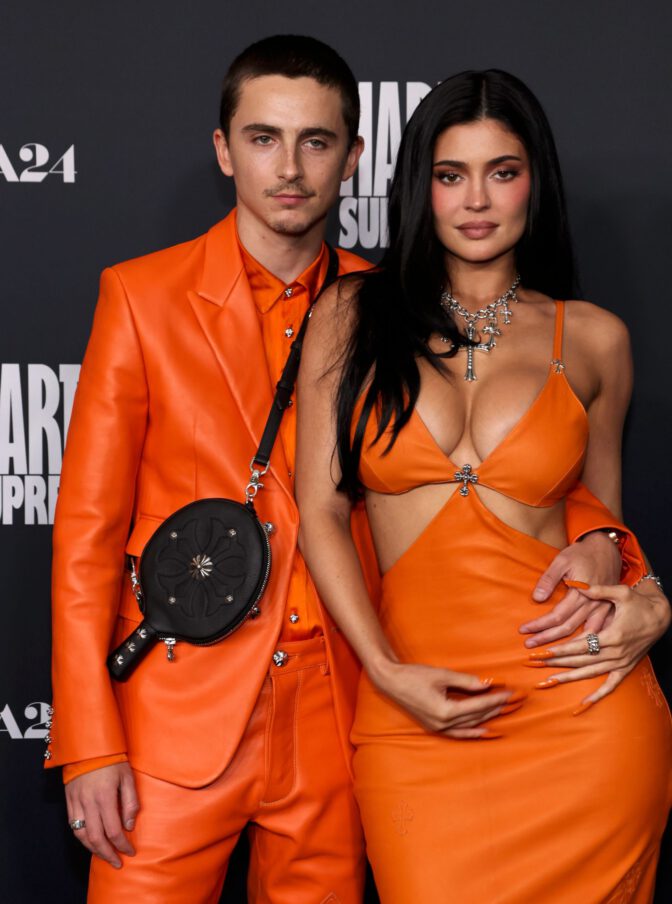 Kylie Jenner Braless Boobs Ass Orange Leather Marty Supreme
