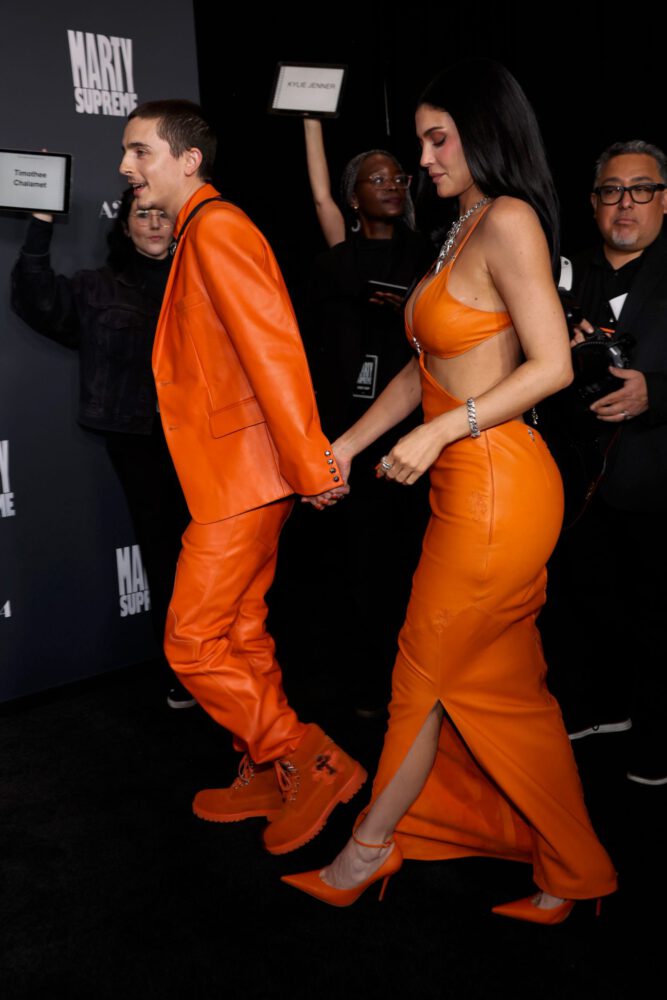 Kylie Jenner Braless Boobs Ass Orange Leather Marty Supreme