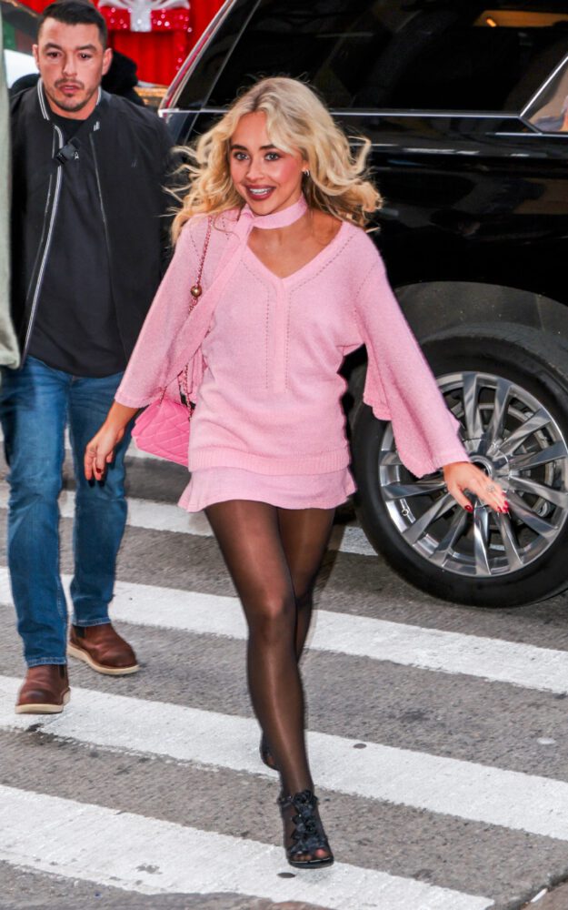 Sabrina Carpenter Braless Nipple Pokies Sexy Legs Pink Mini