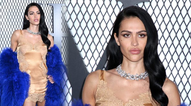 Amelia Hamlin Braless in Tiny Gold Slip and Blue Fur