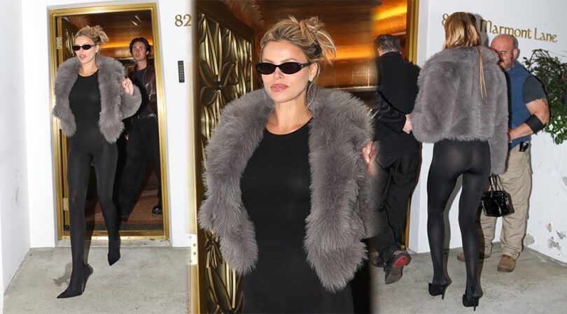 Brooks Nader Goes Braless in Tight Black Catsuit & Fur!