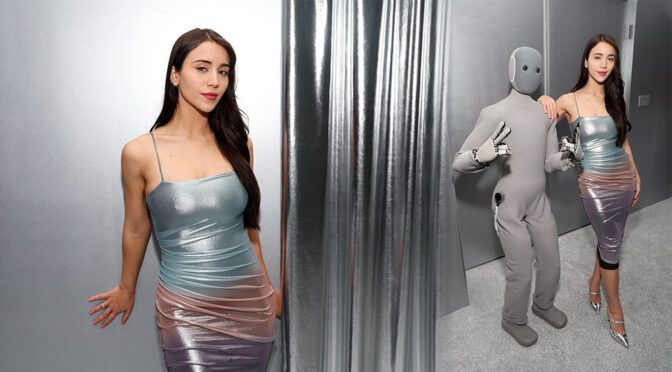 Caylee Cowan Braless in Liquid Silver at GRAMMY Party