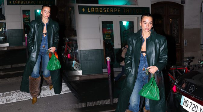 Dua Lipa Flashes Bra in Open Shirt & Leather in Paris