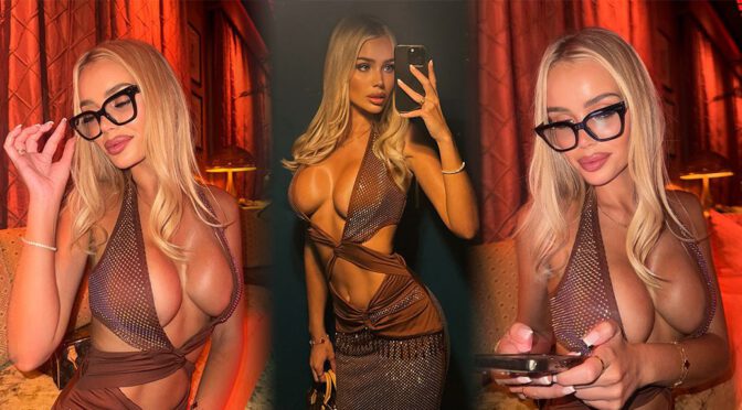 Julia Cavanagh Massive Cleavage: Brown Mesh Dress Tease