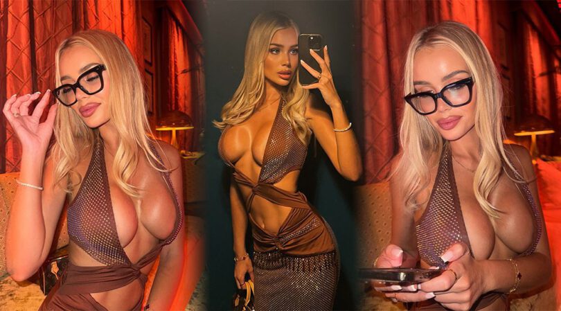Julia Cavanagh Massive Cleavage: Brown Mesh Dress Tease