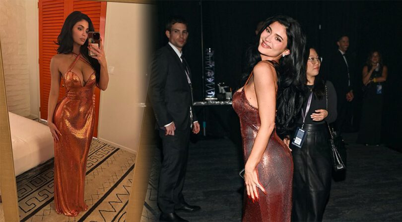 Kylie Jenner Busty Orange Dress at Palm Springs Awards