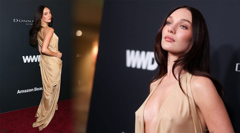Maddie Ziegler Goes Braless in Risky Gold Dress at WWD Awards