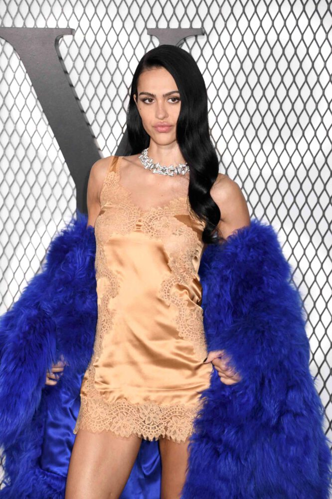 Amelia Hamlin Sexy Gold Slip Dress Nips Legs