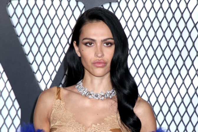 Amelia Hamlin Sexy Gold Slip Dress Nips Legs